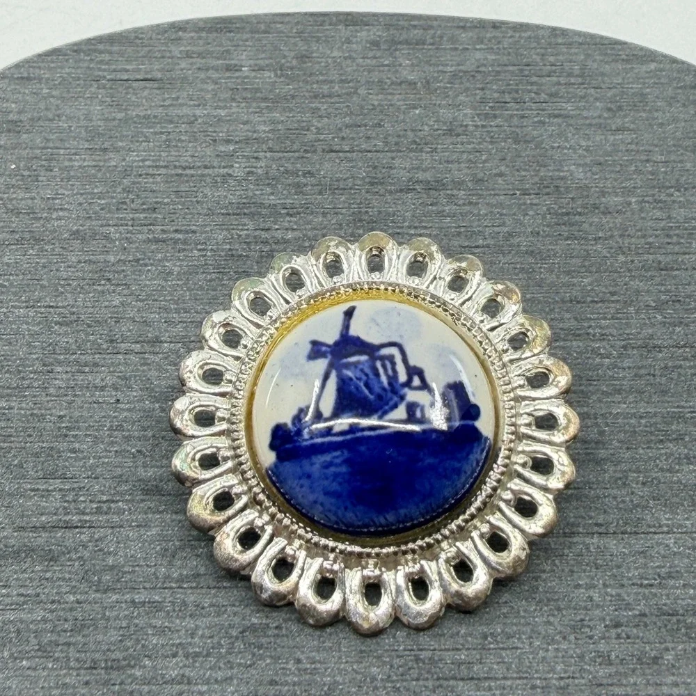 Blue White Delft Style Windmill Cabochon Silver Tone Brooch Pin Dutch Art Gift